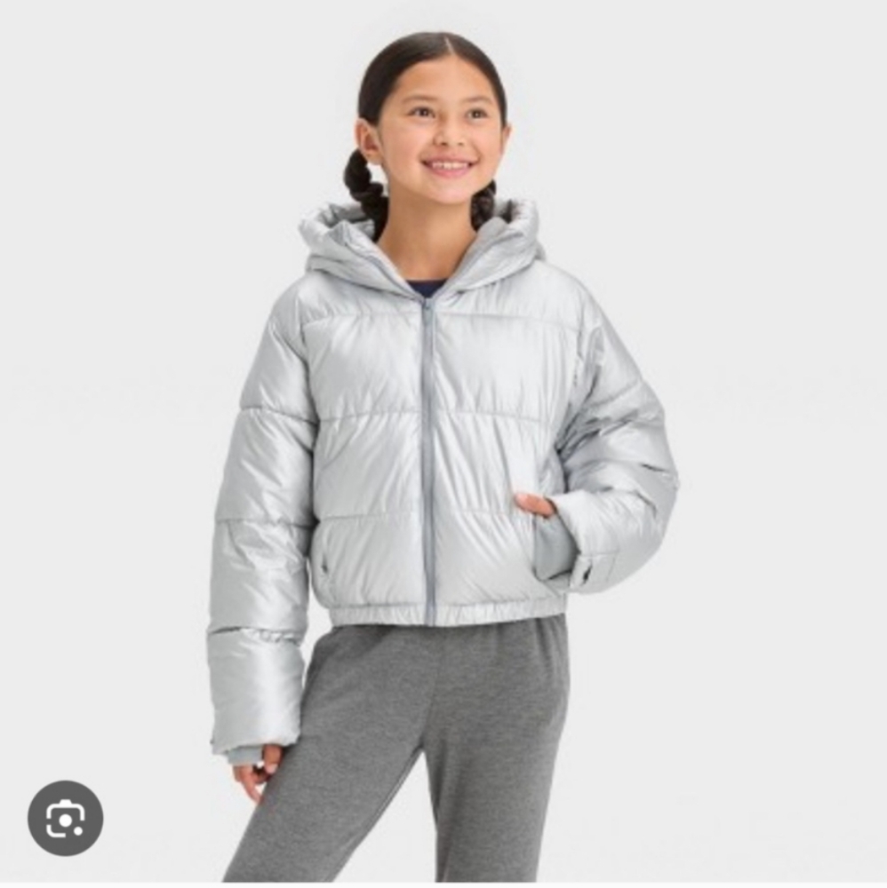 All in Motion Silver Puffer Jacket Cropped Hooded